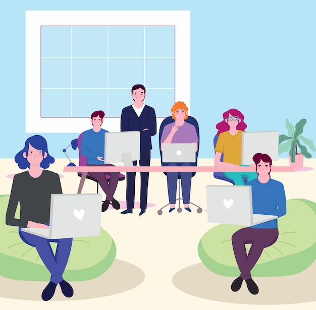 Persone che lavorano riunioni di lavoro scrivania con illustrazione del computer portatile
