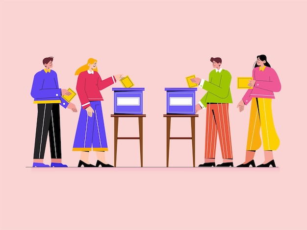 Persone che mettono una scheda elettorale completa in un seggio elettorale. Giorno delle elezioni nel paese.