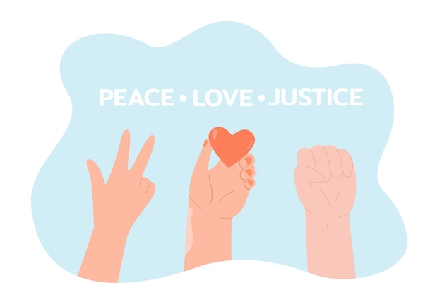 Persone che mostrano gesti di pace, amore e giustizia. Mani di persone che tengono il cuore, alzando il pugno piatto illustrazione vettoriale. Unità, concetto di motivazione per banner, progettazione di siti Web o pagine Web di destinazione