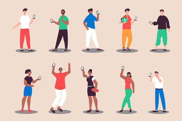 Persone che mostrano il telefono cellulare impostato in design piatto Uomini e donne felici che tengono gli smartphone e mostrano i display dei telefoni cellulari Fascio di caratteri diversi Illustrazione vettoriale persone isolate per il web