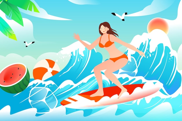 Persone che navigano in mare in estate con spiaggia e palme sullo sfondo illustrazione vettoriale