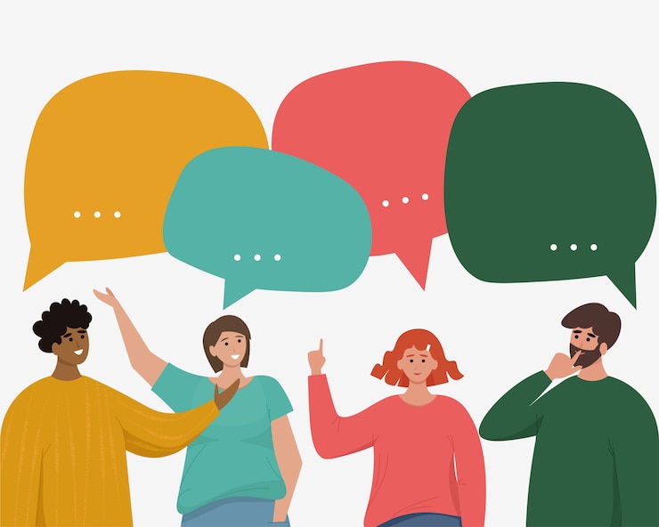 Vettore persone che parlano, uomini d'affari che discutono di notizie. fumetti di dialogo sui social network. illustrazione in stile cartone animato piatto