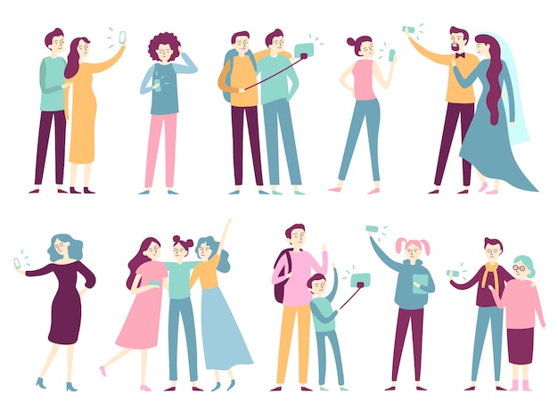 Persone che prendono selfie su smartphone.