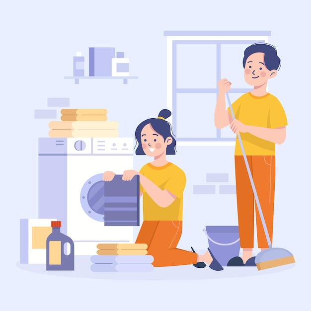 Persone che puliscono la casa e fanno il bucato