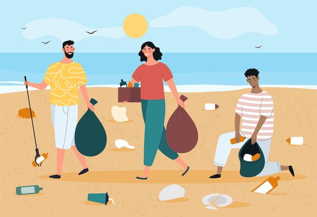 Persone che puliscono la spiaggia