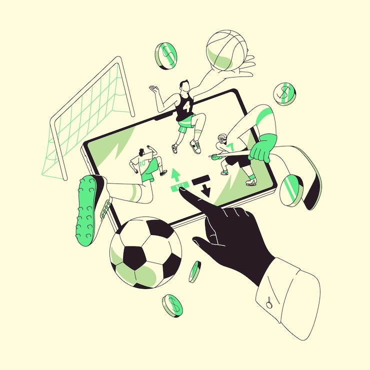 Vettore persone che scommettono su sport online giocano a giochi d'azzardo mani che premono il pulsante in un'app di gioco di azzardo persona che scommette su una partita di calcio, hockey, calcio, pallavolo concetto di bookmaker illustrazione vettoriale piatta isolata