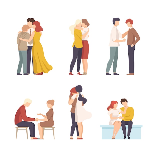 Persone che si confortano a vicenda abbracciandosi set Amici o parenti che si prendono cura l'uno dell'altro Amicizia comprensione accettazione illustrazione vettoriale di cartoni animati