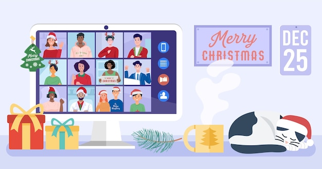 Persone che si incontrano online tramite videoconferenza su un computer durante le vacanze di Natale.