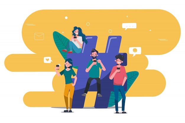 Persone che utilizzano il telefono cellulare per i social media Persone della community online.