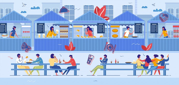 Persone che visitano Food Court per acquistare cibo, giusto