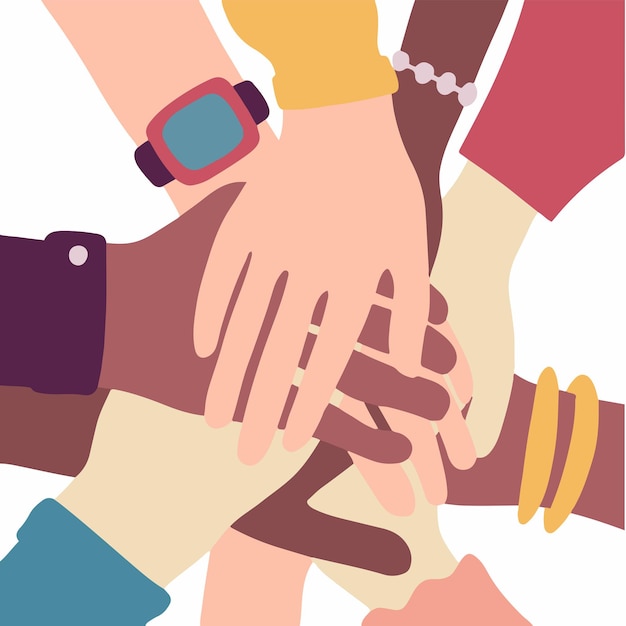 Persone con diversi colori della pelle che mettono le mani insieme su sfondo bianco piatto Vector Art