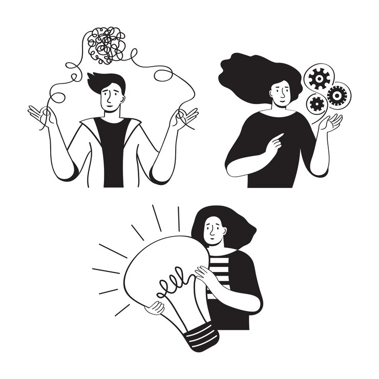 Persone con diversi tipi di mentalità mentale o modelli che risolvono compiti di lavoro Set di illustrazioni in bianco e nero in un concetto vettoriale piatto di pensiero logico del flusso di lavoro di sviluppo della formazione di idee di business
