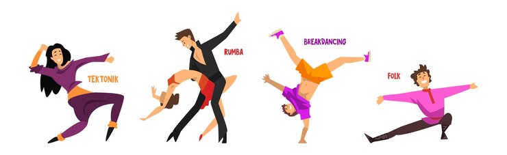 Vettore persone danzanti che eseguono diversi set di vettori di danza