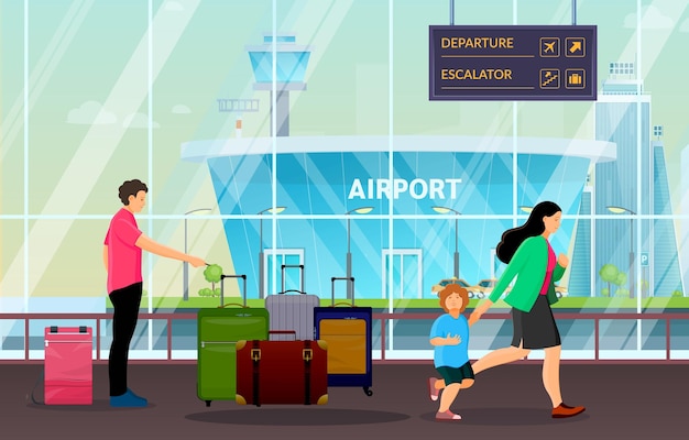 Persone del gruppo di passeggeri insieme in attesa nel terminal dell'aeroporto. Passeggeri uomo in attesa di arrivo e partenza con bagagli, valigie, borse. La donna con un bambino corre in ritardo sull'aereo prima della spedizione del vettore