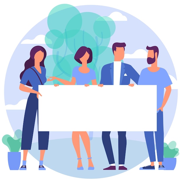 Persone di colore alla moda design piatto con banner bianco vuoto.