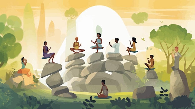 Persone di diverse età, etnie e tipi di corpo che praticano yoga o meditazione in mezzo alla serena bellezza della natura Una rappresentazione simbolica di equilibrio e armonia una pila di pietre