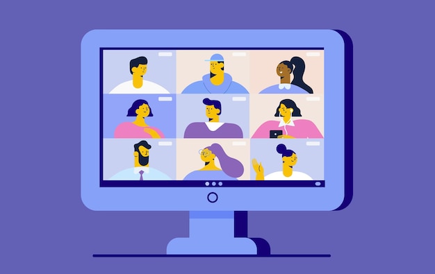 Persone di videochiamate in conferenza sul vettore piatto dello schermo del monitor