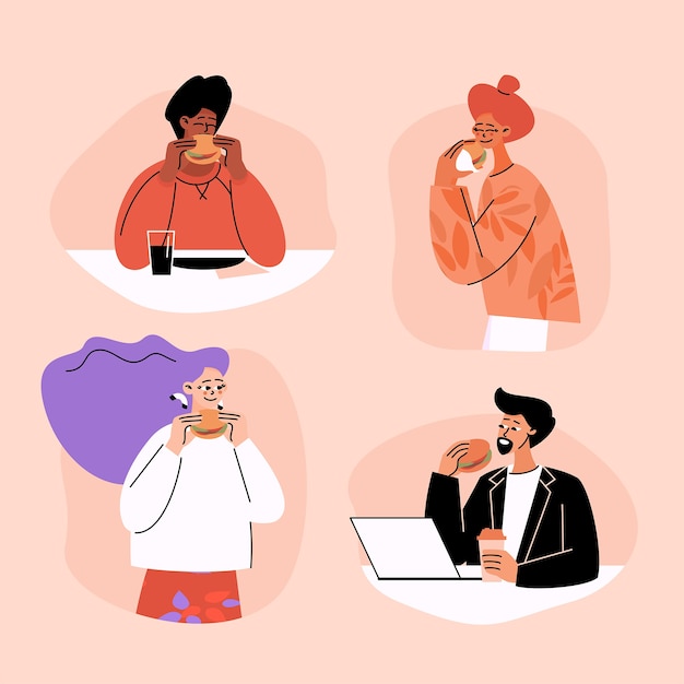 Persone disegnate a mano che mangiano raccolta di illustrazioni