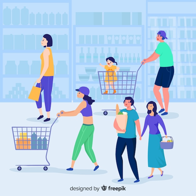 Persone disegnate a mano sullo sfondo del supermercato