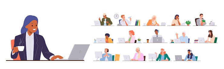 Vettore persone diverse personaggi di cartoni animati che lavorano online utilizzando un computer portatile che tengono videoconferenze consultazione online e riunione aziendale a distanza illustrazione vettoriale uomo e donna sul posto di lavoro