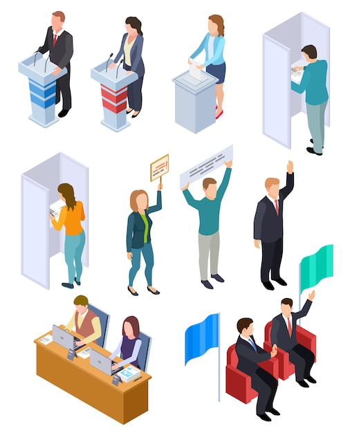 Persone elezione isometrica. Scheda elettorale politica, voto persone democrazia illustrazione set