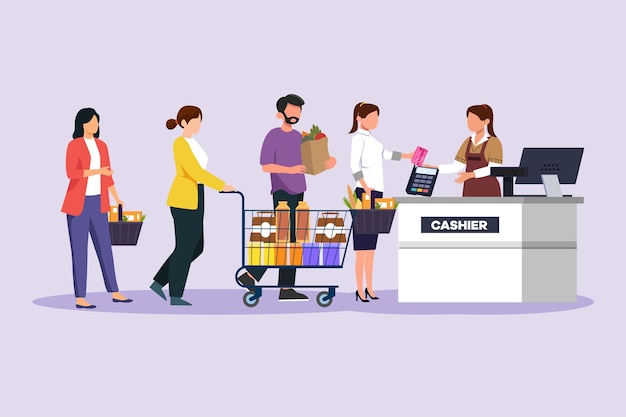 Persone felici che fanno acquisti al centro commerciale Concetto di acquisto Illustrazione vettoriale piana a colori isolata