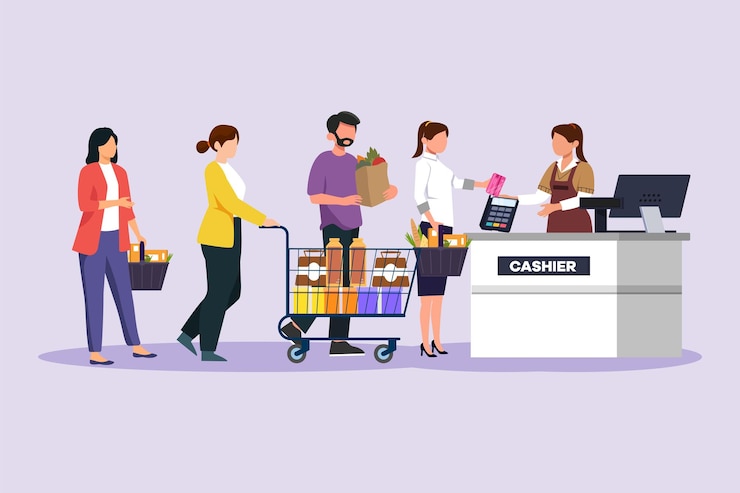 Vettore persone felici che fanno acquisti al centro commerciale concetto di acquisto illustrazione vettoriale piana a colori isolata
