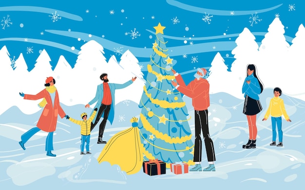 Persone felici che si divertono a ballare intorno all'albero di Natale per celebrare le vacanze invernali