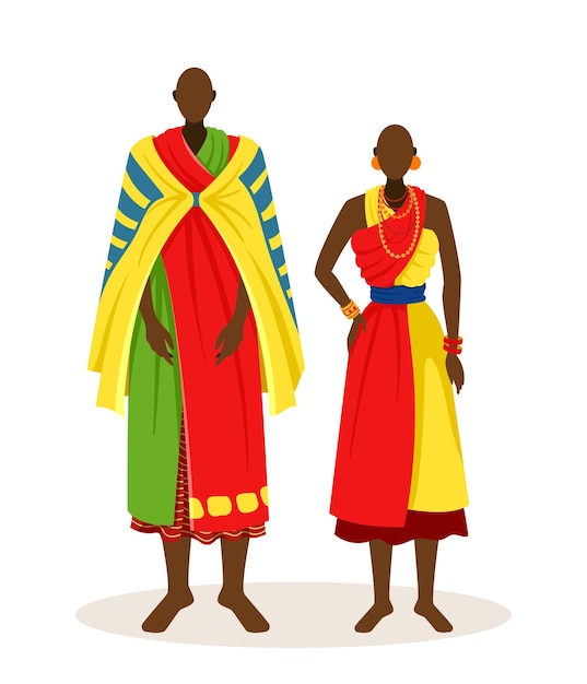 Persone in abiti africani, coppie in rosso e verde, indossano cultura, etnia e tradizioni