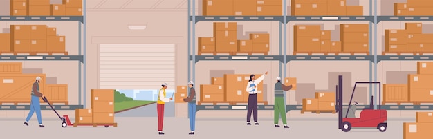 Persone in abiti di sicurezza lavorano in un magazzino, un uomo e una donna all'interno di un servizio di consegna logistica, il personale circondato da scatole su rack e il trasporto dell'interno del magazzino.