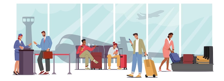 Vettore persone in aeroporto personaggi maschili e femminili che scansionano la registrazione del pass bagagli e in attesa nell'illustrazione del terminal