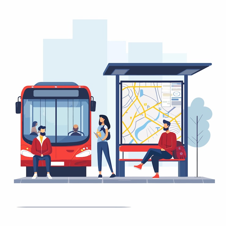 Vettore persone_in_attesa_alla_fermata_dell'autobusdonna_e_uomo