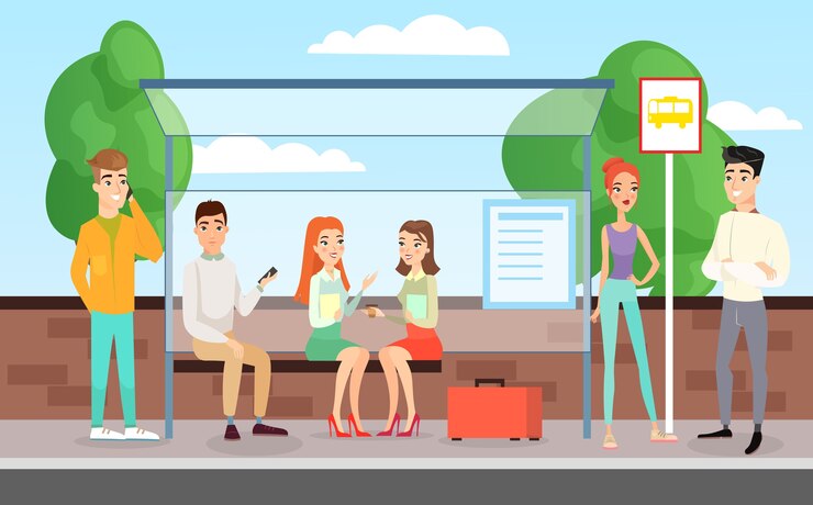 persone in attesa di un autobus. Persone in piedi, parlare e sedersi sulla stazione degli autobus, concetto di fermata dell'autobus in stile cartone animato piatto.