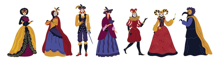 Vettore persone in costumi o abiti di carnevale tradizionale mascherata veneziana partecipanti mascherati in stile rinascimentale italiano parata di festa esibizione abbigliamento elegante set vettoriale garish