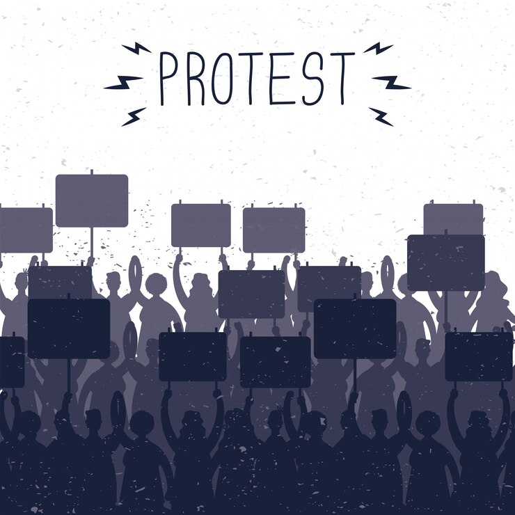 Vettore persone in possesso di banner di protesta sagome scena illustrazione
