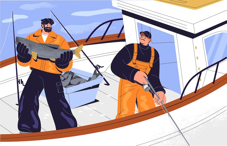 Vettore persone in tute di gomma che pescano uomini adulti in uniforme di pescatore con la verga catturano pesci grandi pescatori professionisti galleggiano su navi che pescano in fiume pesca industriale in mare illustrazione vettoriale piatta