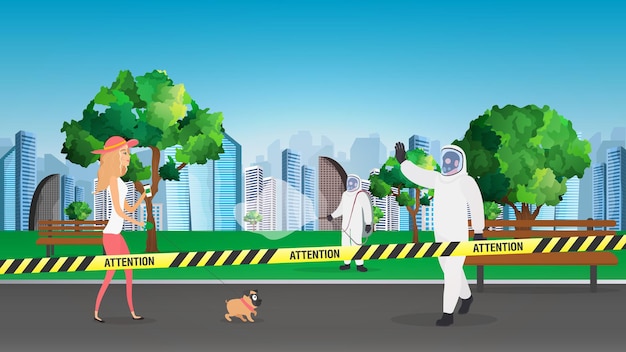 Persone in tute protettive dal virus. La città è in quarantena. Coronavirus in città. Nastri gialli con strisce nere. illustrazione