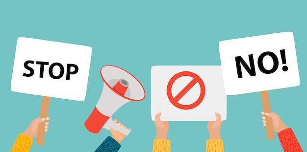 Persone Mani che tengono cartello bianco, bandiere di proteste, segni di voto vuoto.