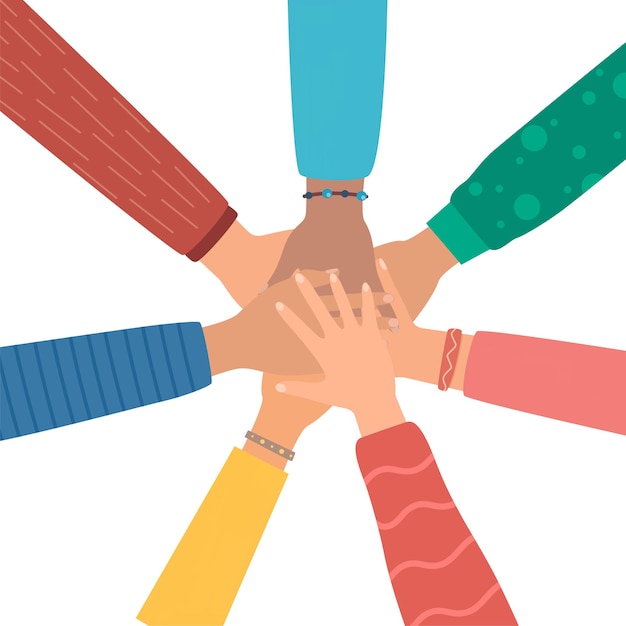 Persone multiculturali che uniscono le mani L'unione dell'amicizia del lavoro di squadra aiuta il supporto dell'uguaglianza