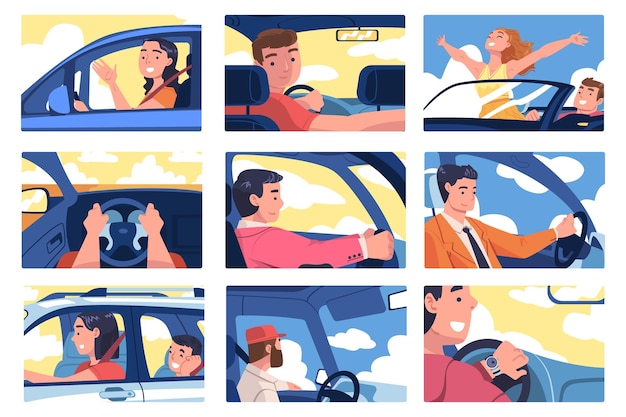 Persone Personaggio che guida un'auto seduto sul sedile del conducente all'interno del veicolo Set di illustrazioni vettoriali