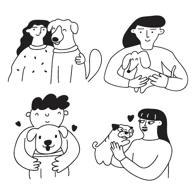 Persone sorridenti con cani Icone di contorno Illustrazioni vettoriali su sfondo bianco