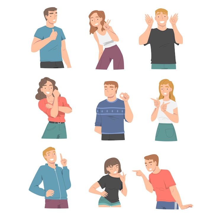 Vettore persone sorridenti personaggio che mostra diversi gesti delle mani set di illustrazioni vettoriali