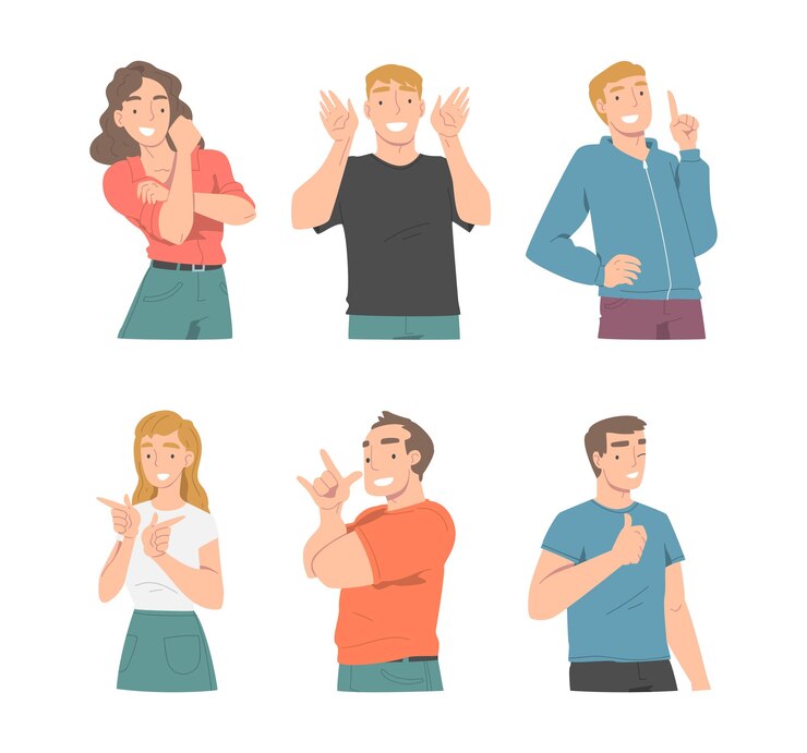 Vettore persone sorridenti personaggio che mostra diversi gesti delle mani set di illustrazioni vettoriali