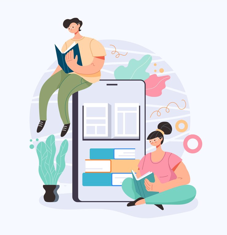 Vettore persone uomo donna caratteri studente libro di lettura dal concetto di educazione online di internet smartphone, illustrazione piatta del fumetto