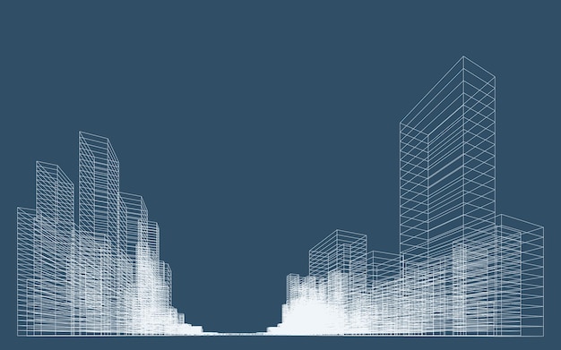 Perspettiva wireframe 3D dell'edificio sfondo della città wireframes astratto per la progettazione del modello