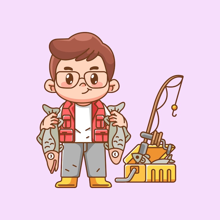 Vettore pescatore carino e amichevole che pesca kawaii chibi personaggio mascotte illustrazione contorno stile design