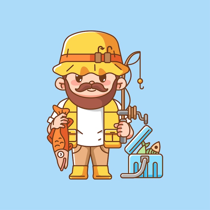 Vettore pescatore carino pesca kawaii chibi personaggio mascotte illustrazione contorno stile design