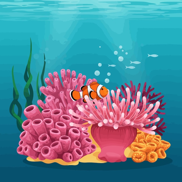 Pesce clown che nuota nella barriera corallina sott'acqua con l'illustrazione della luce solare