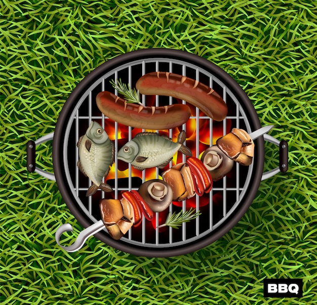 Pesce e salsicce che cucinano sul barbecue grill