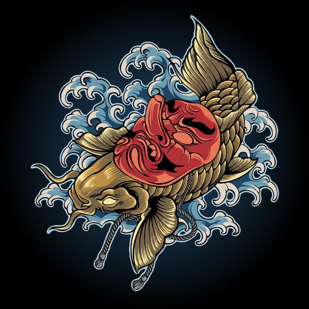 pesce koi rosso vettoriale con illustrazione giapponese maschera tengu